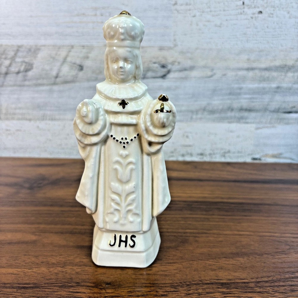 Vintage Infant Jesus of Prague Statue Ceramic 7" Tall Gold Trim JHS